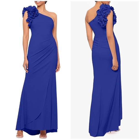 NWT Xscape One Shoulder Ruffle Scuba Crepe Slim Gown Maxi Dress Blue Sz 6 - Picture 1 of 13